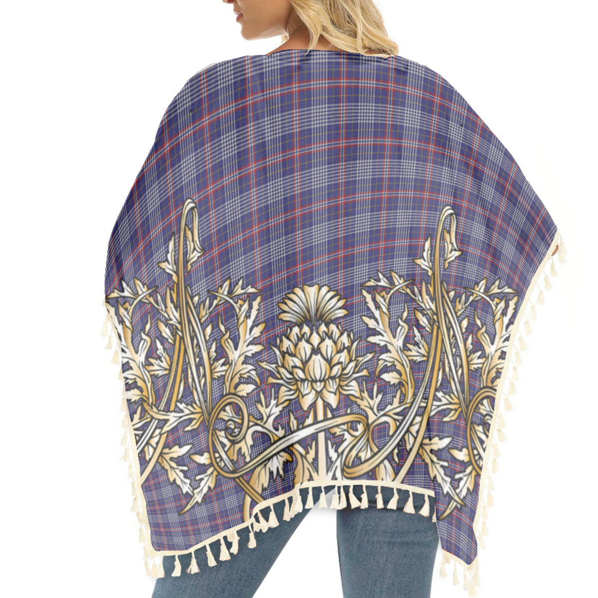 ScotsTee Shop Scottish Parker Dress USA Tartan Scotland Royal Golden Thistle Square Fringed Shawl