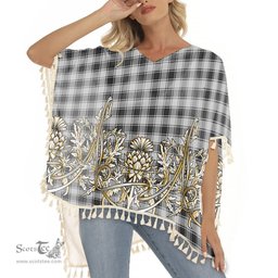 ScotsTee Shop Scottish MacPhee Black and White Tartan Scotland Royal Golden Thistle Square Fringed Shawl