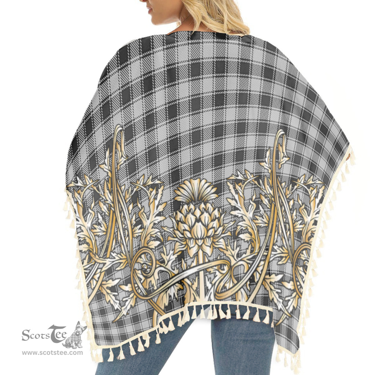 ScotsTee Shop Scottish MacPhee Black and White Tartan Scotland Royal Golden Thistle Square Fringed Shawl