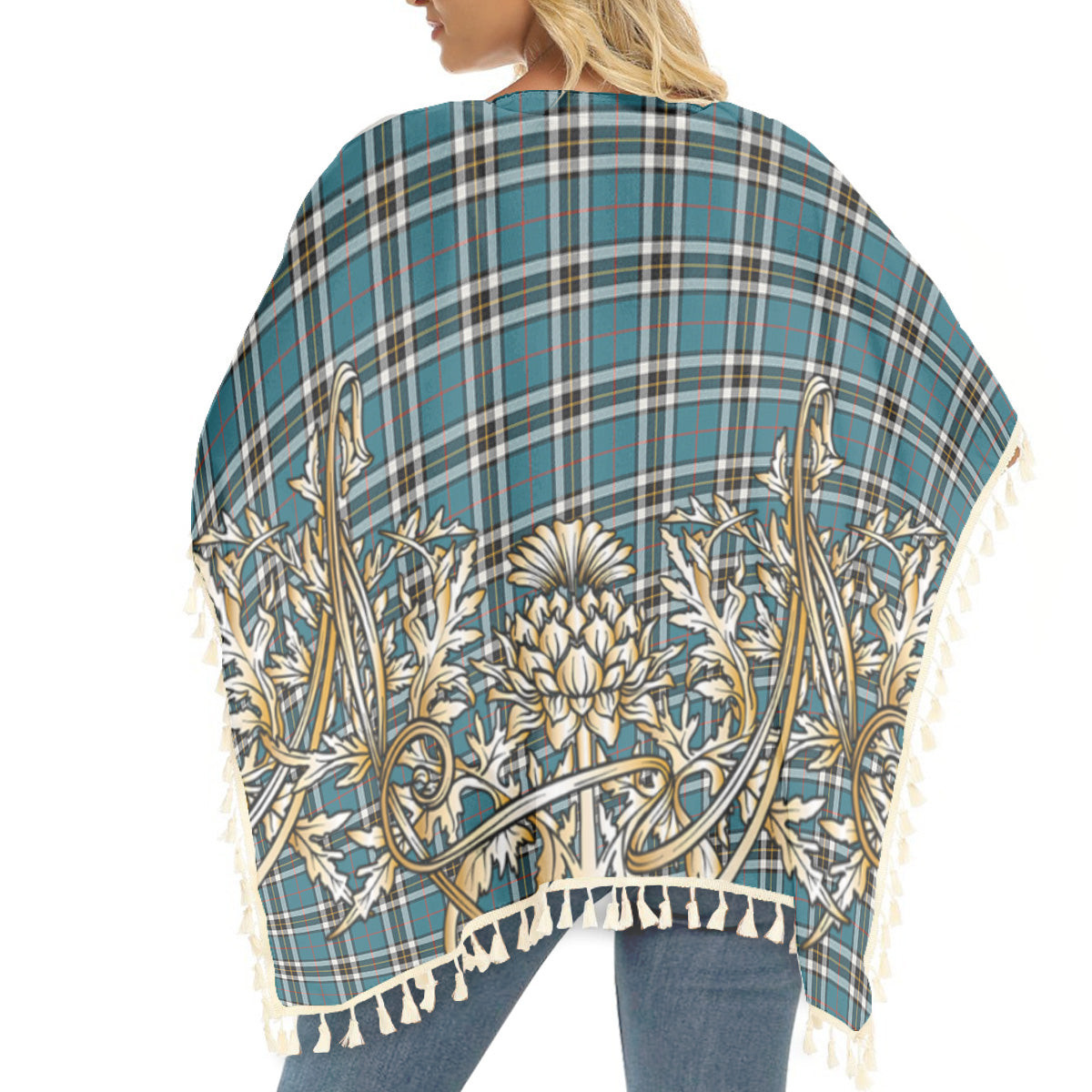 ScotsTee Shop Scottish McThomas Blue Ancient Tartan Scotland Royal Golden Thistle Square Fringed Shawl