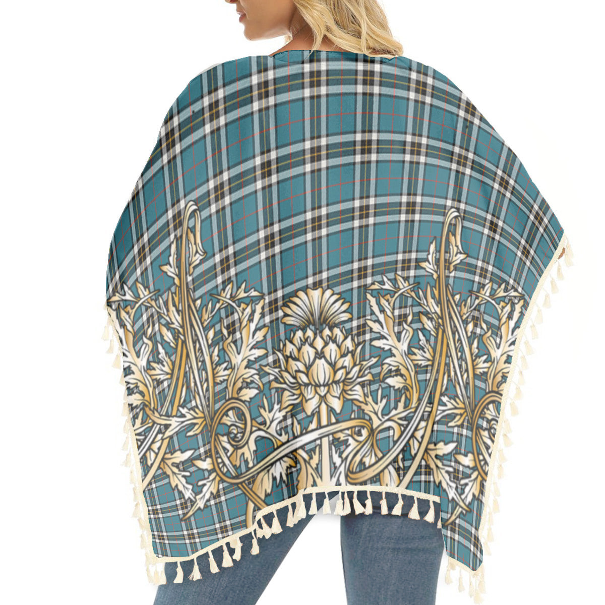 ScotsTee Shop Scottish Thompson Society Dress Blue Ancient Tartan Scotland Royal Golden Thistle Square Fringed Shawl