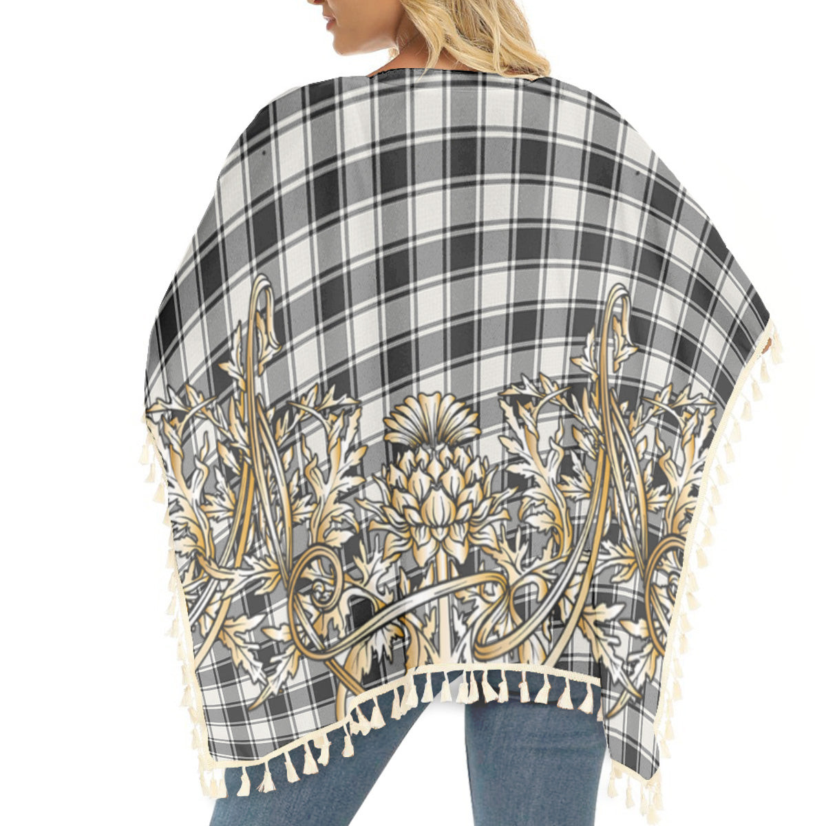 ScotsTee Shop Scottish McPhee B&W Modern Tartan Scotland Royal Golden Thistle Square Fringed Shawl