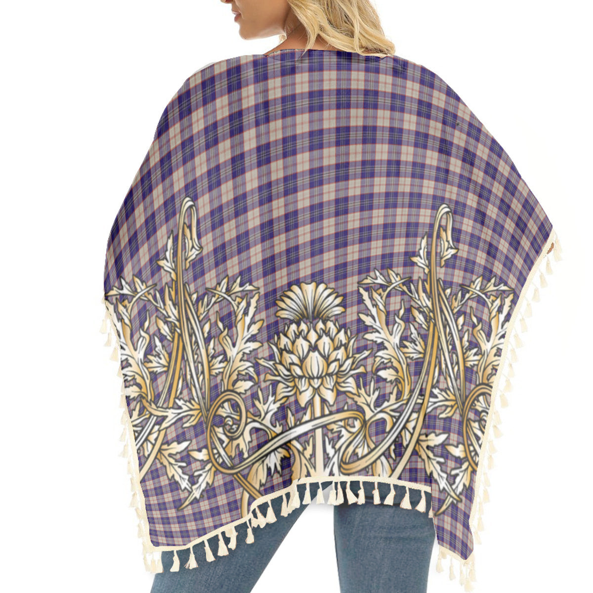 ScotsTee Shop Scottish Harris Royal Blue Tartan Scotland Royal Golden Thistle Square Fringed Shawl
