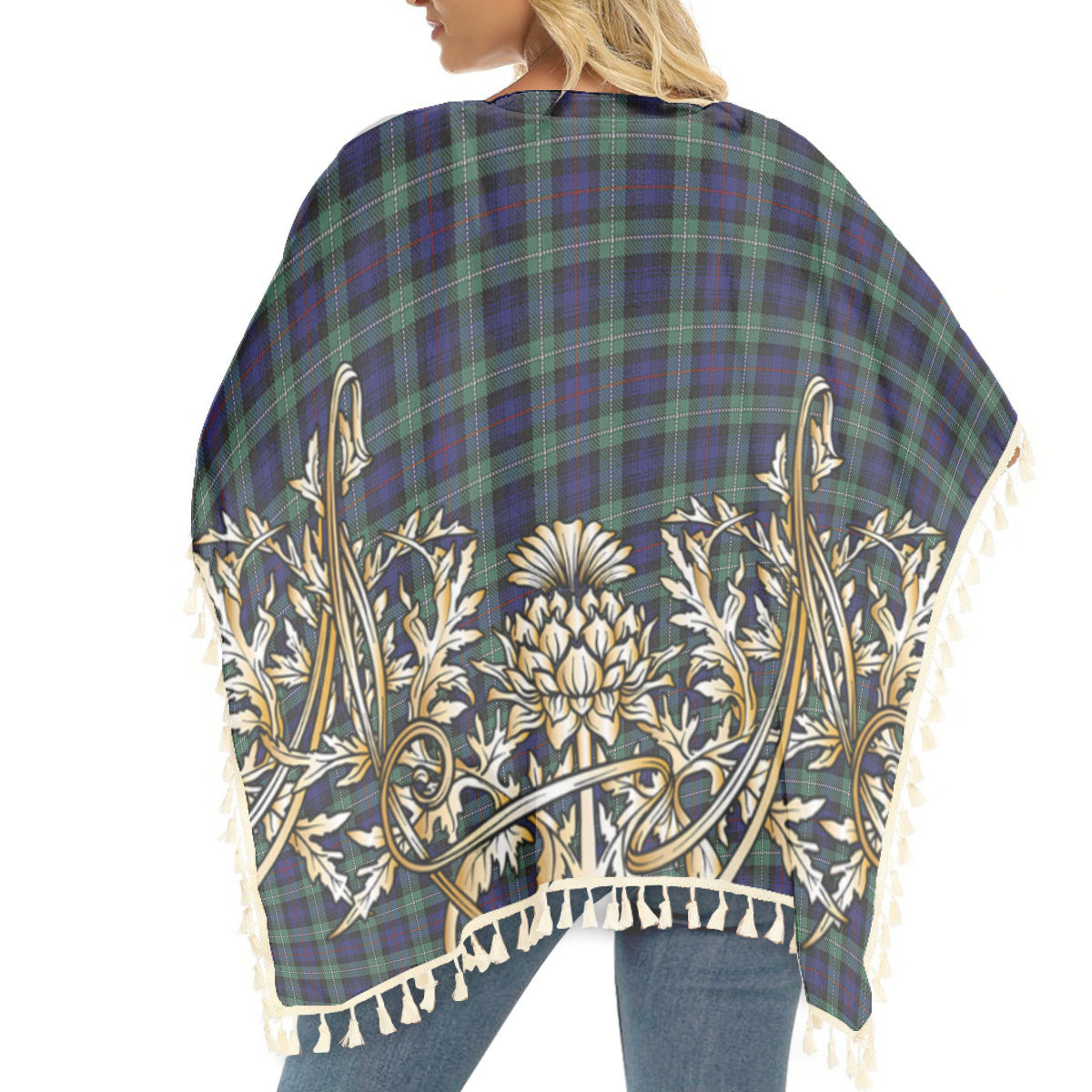 ScotsTee Shop Scottish MacKenzie Hunting Green Tartan Scotland Royal Golden Thistle Square Fringed Shawl