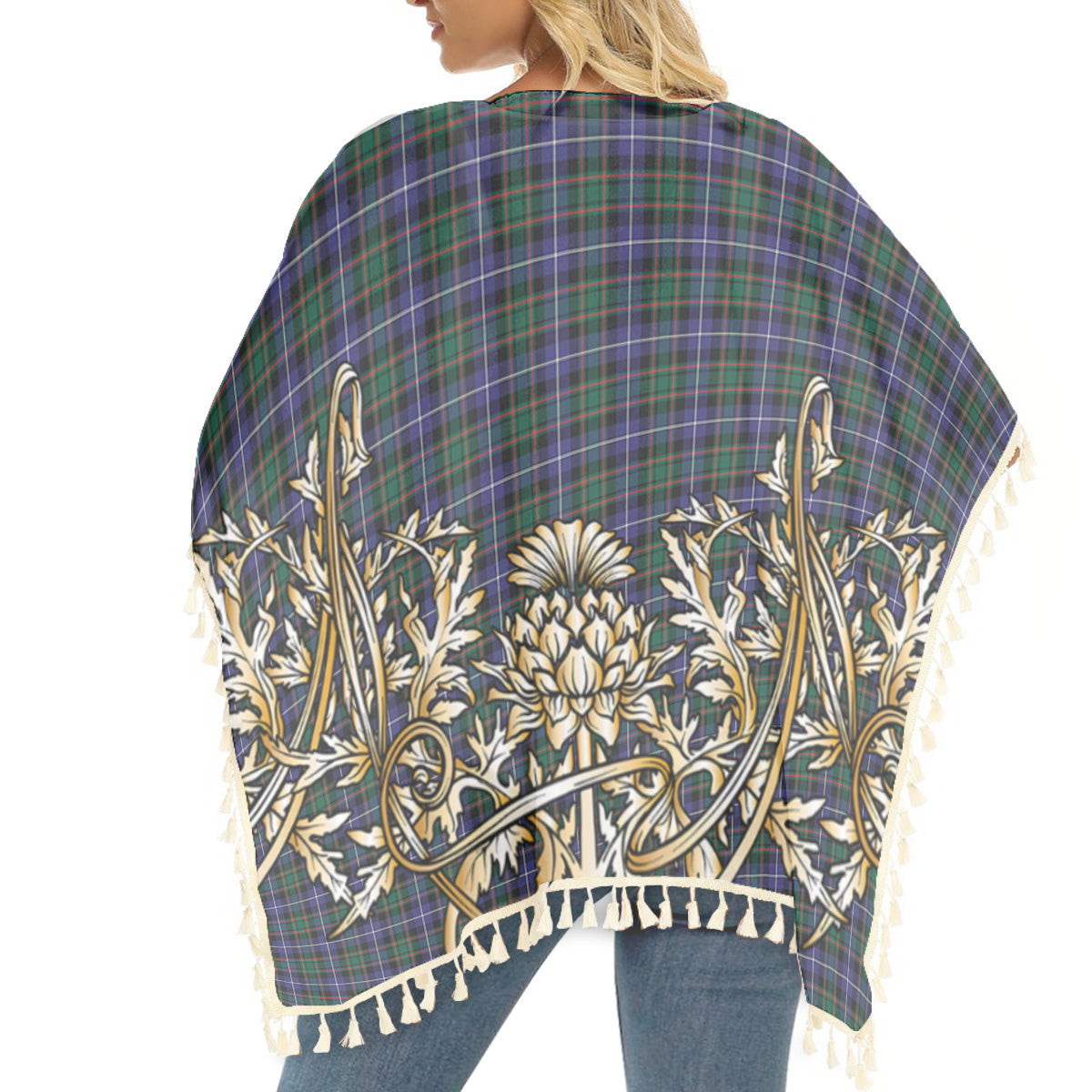 ScotsTee Shop Scottish MacRae Hunting Modern Tartan Scotland Royal Golden Thistle Square Fringed Shawl