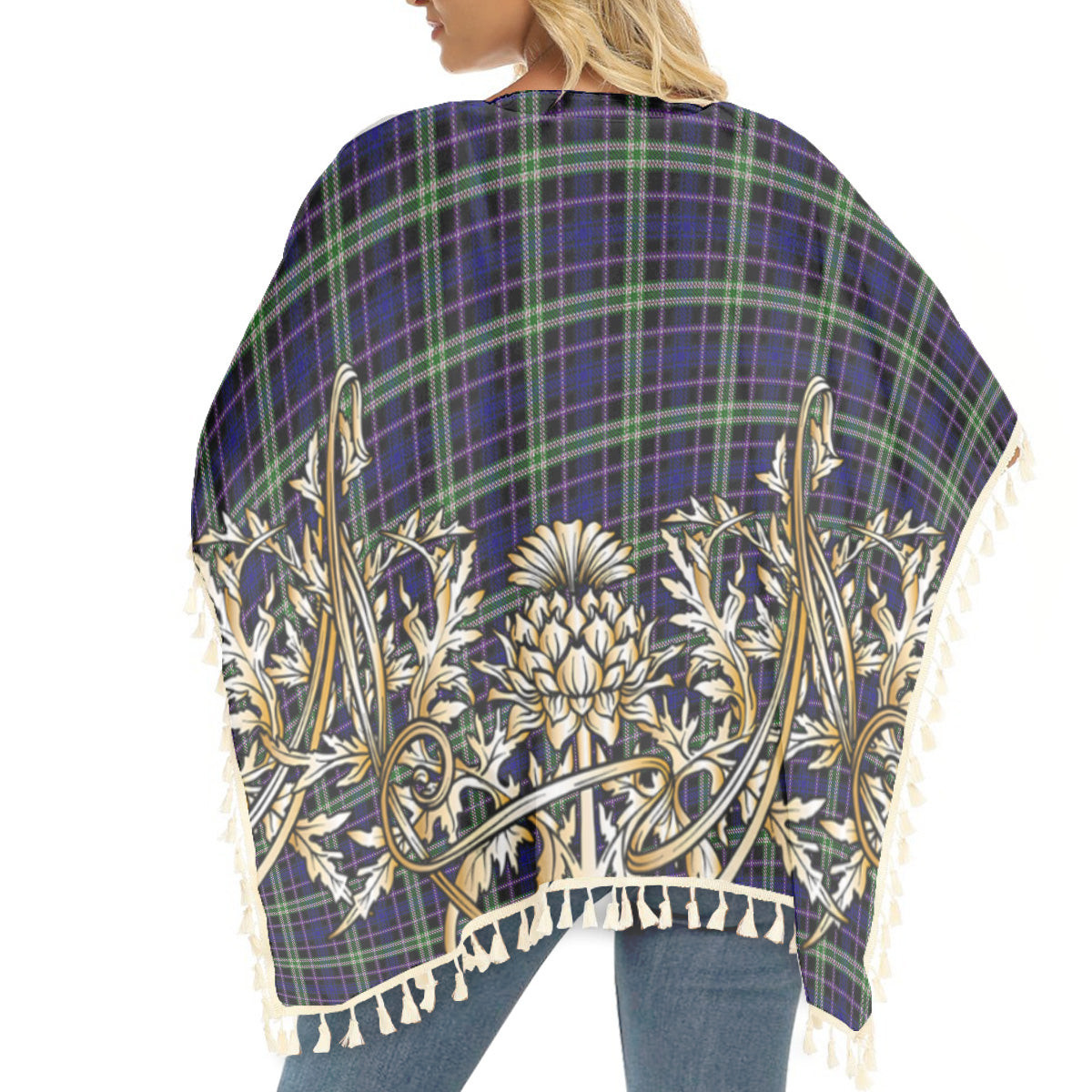 ScotsTee Shop Scottish MacKusick Tartan Scotland Royal Golden Thistle Square Fringed Shawl