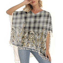 ScotsTee Shop Scottish Menzies Black & White Ancient Tartan Scotland Royal Golden Thistle Square Fringed Shawl