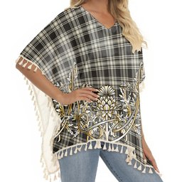 ScotsTee Shop Scottish Menzies Black & White Ancient Tartan Scotland Royal Golden Thistle Square Fringed Shawl