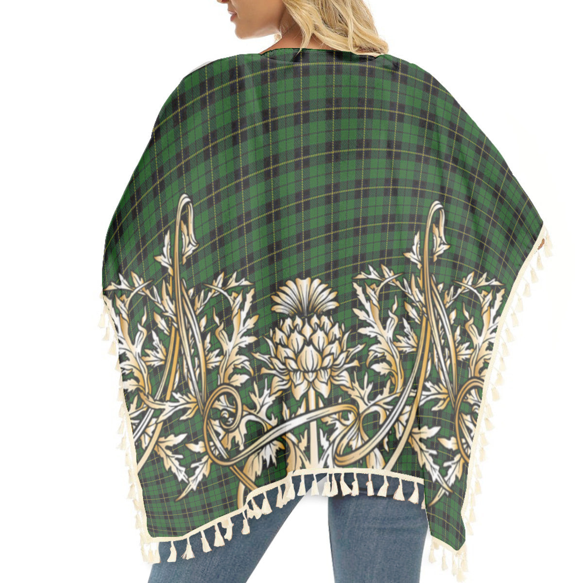 ScotsTee Shop Scottish Wallace Hunting Tartan Scotland Royal Golden Thistle Square Fringed Shawl