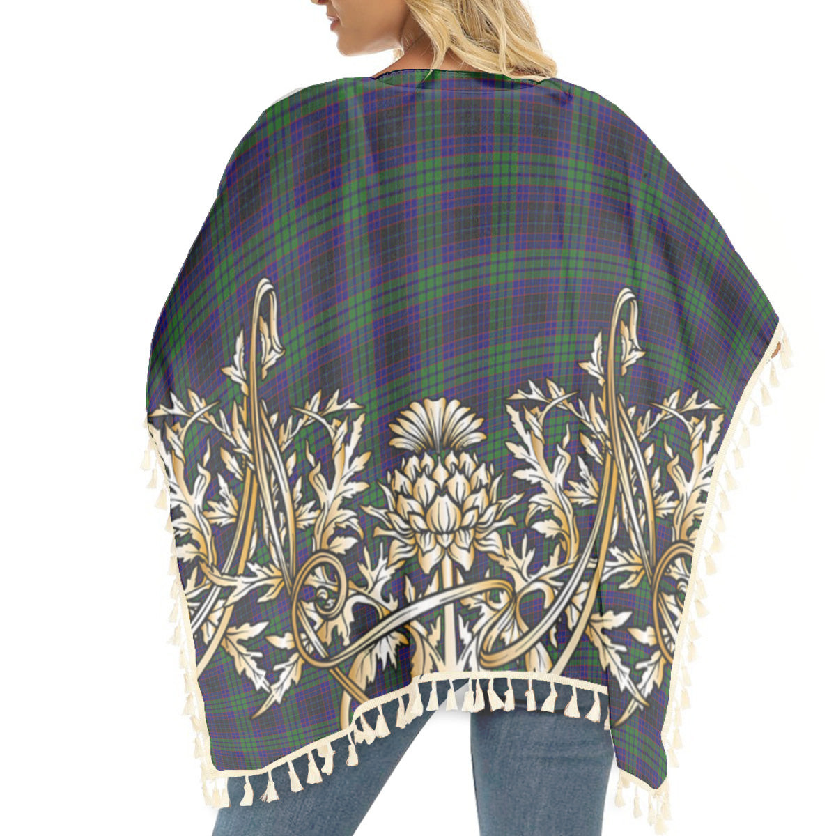 ScotsTee Shop Scottish Lumsden Green Tartan Scotland Royal Golden Thistle Square Fringed Shawl