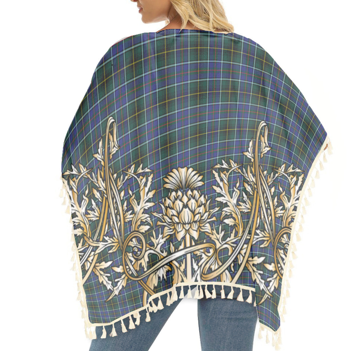 ScotsTee Shop Scottish MacInnes Modern Tartan Scotland Royal Golden Thistle Square Fringed Shawl