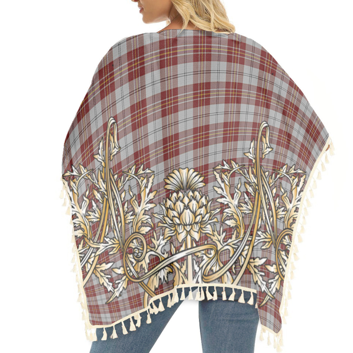 ScotsTee Shop Scottish MacPherson Dress Burgundy Dance Tartan Scotland Royal Golden Thistle Square Fringed Shawl