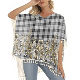 ScotsTee Shop Scottish McLeod Black and White Tartan Scotland Royal Golden Thistle Square Fringed Shawl