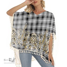 ScotsTee Shop Scottish Menzies Black & White Modern Tartan Scotland Royal Golden Thistle Square Fringed Shawl