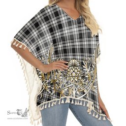 ScotsTee Shop Scottish Menzies Black & White Modern Tartan Scotland Royal Golden Thistle Square Fringed Shawl