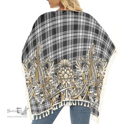 ScotsTee Shop Scottish Menzies Black & White Modern Tartan Scotland Royal Golden Thistle Square Fringed Shawl