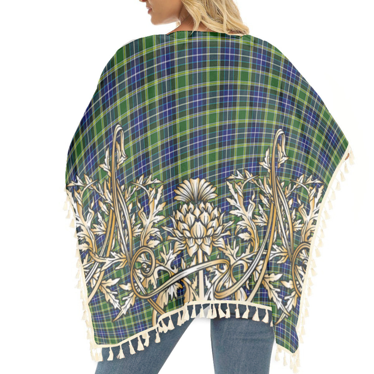 ScotsTee Shop Scottish MacKellar SC Tartan Scotland Royal Golden Thistle Square Fringed Shawl