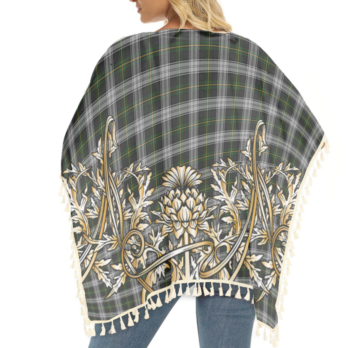 ScotsTee Shop Scottish Gordon Dress MacGregor-Hastie Tartan Scotland Royal Golden Thistle Square Fringed Shawl