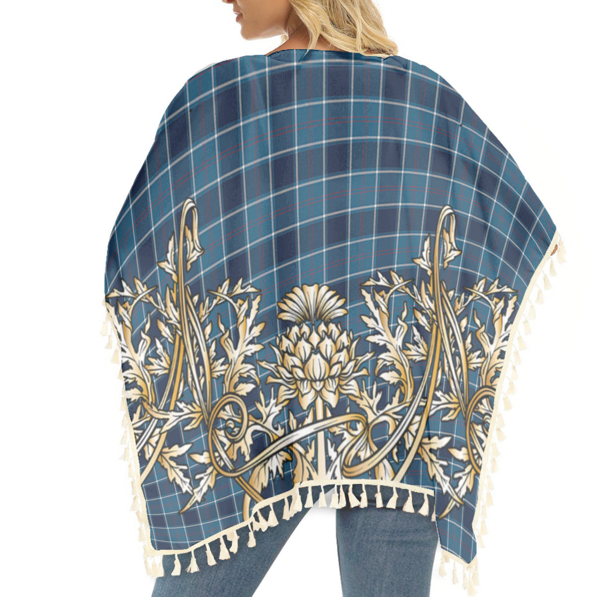 ScotsTee Shop Scottish US Navy Modern Tartan Scotland Royal Golden Thistle Square Fringed Shawl