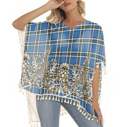 ScotsTee Shop Scottish MacThomas Blue Modern Tartan Scotland Royal Golden Thistle Square Fringed Shawl