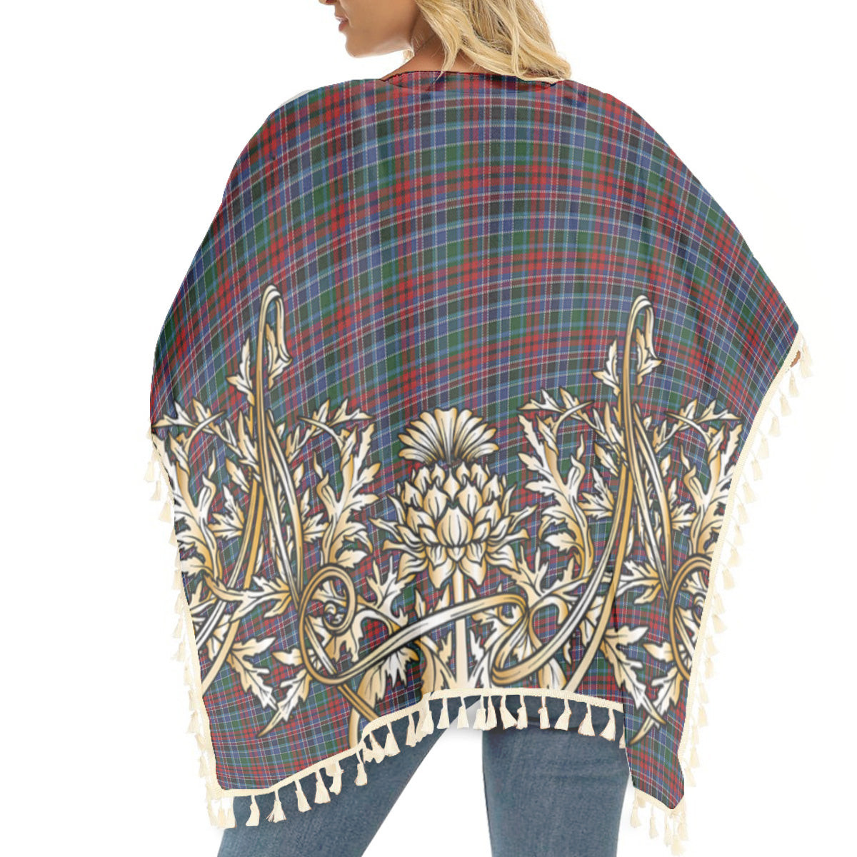 ScotsTee Shop Scottish Gordon Red Tartan Scotland Royal Golden Thistle Square Fringed Shawl