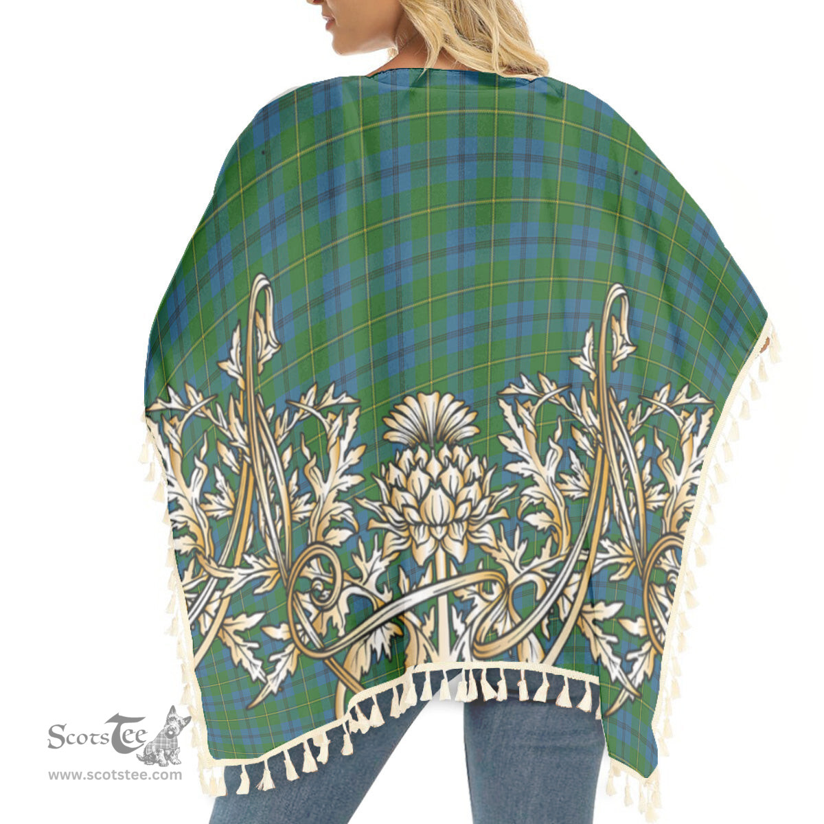 ScotsTee Shop Scottish Johnstone Tartan Scotland Royal Golden Thistle Square Fringed Shawl