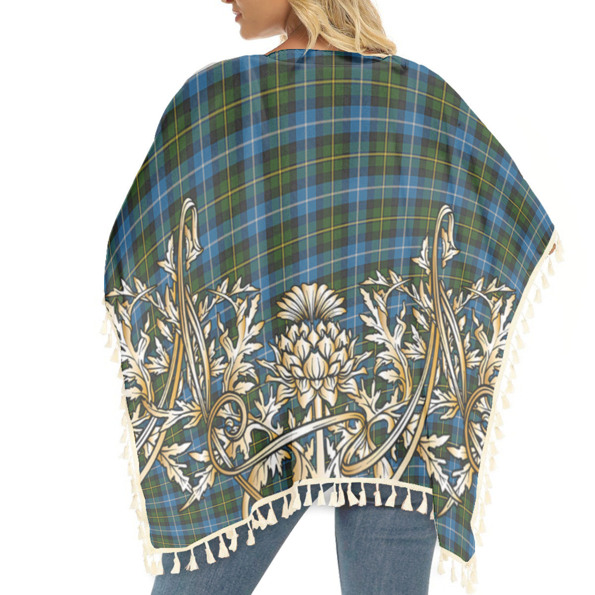 ScotsTee Shop Scottish MacNeil of Barra Tartan Scotland Royal Golden Thistle Square Fringed Shawl