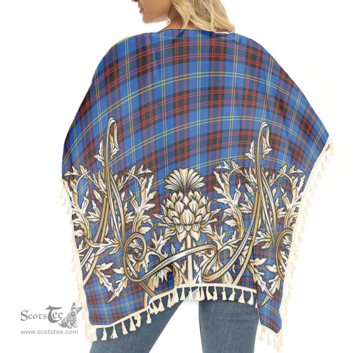 ScotsTee Shop Scottish Rutherford Modern Tartan Scotland Royal Golden Thistle Square Fringed Shawl