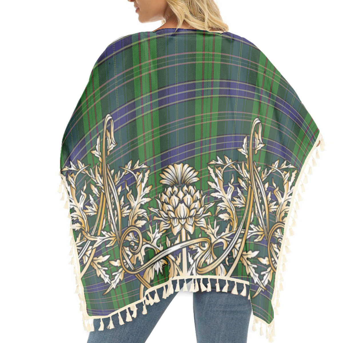ScotsTee Shop Scottish Young, Melvina Tartan Scotland Royal Golden Thistle Square Fringed Shawl