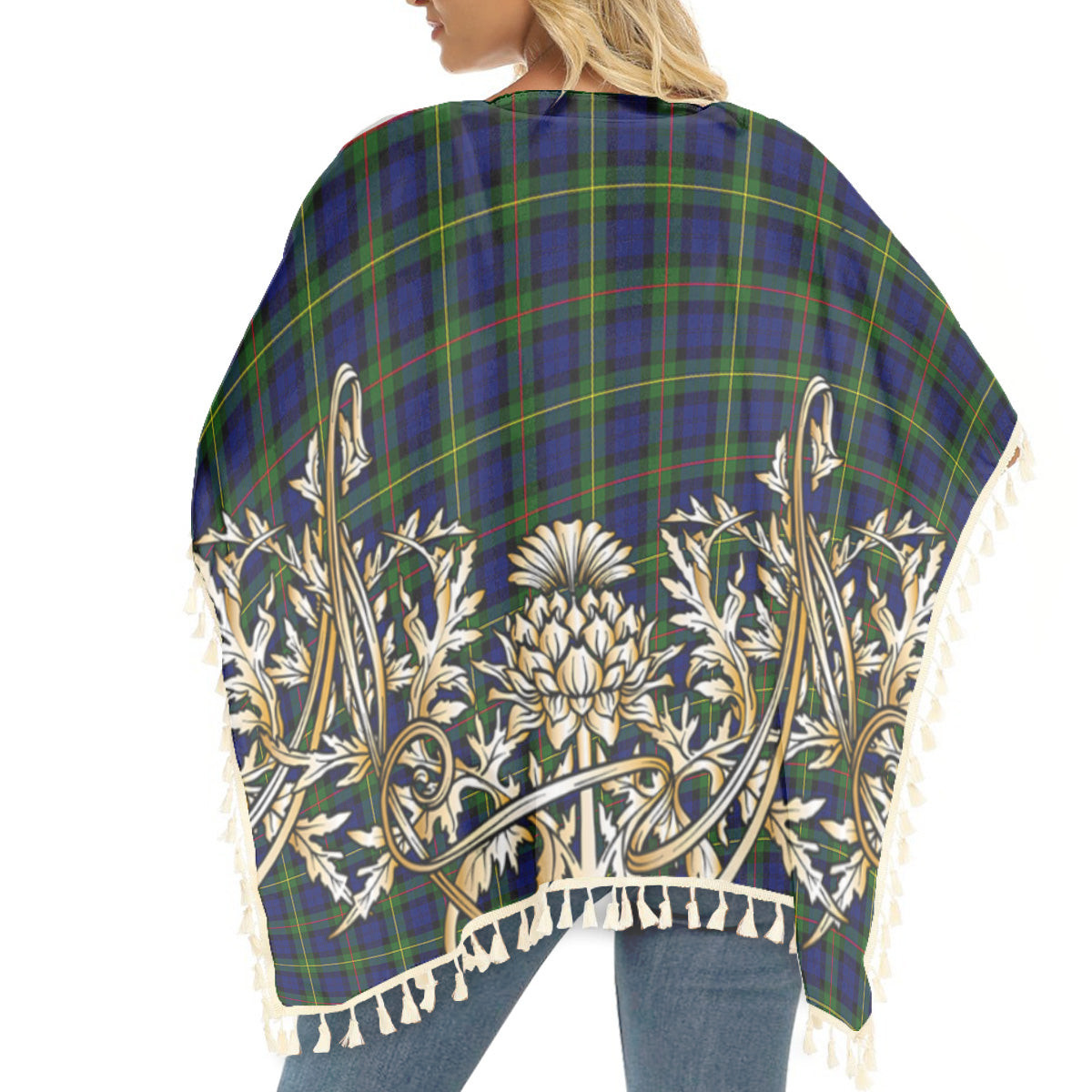 ScotsTee Shop Scottish MacEwen Modern SC Tartan Scotland Royal Golden Thistle Square Fringed Shawl