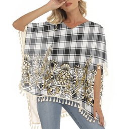 ScotsTee Shop Scottish MacFie Black & White Ancient Tartan Scotland Royal Golden Thistle Square Fringed Shawl