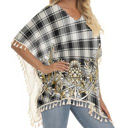 ScotsTee Shop Scottish MacFie Black & White Ancient Tartan Scotland Royal Golden Thistle Square Fringed Shawl