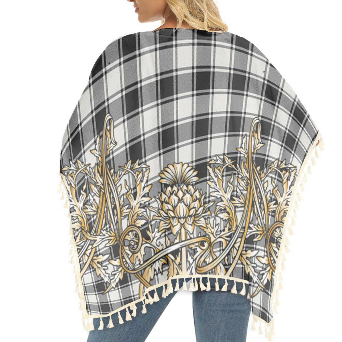ScotsTee Shop Scottish MacFie Black & White Ancient Tartan Scotland Royal Golden Thistle Square Fringed Shawl