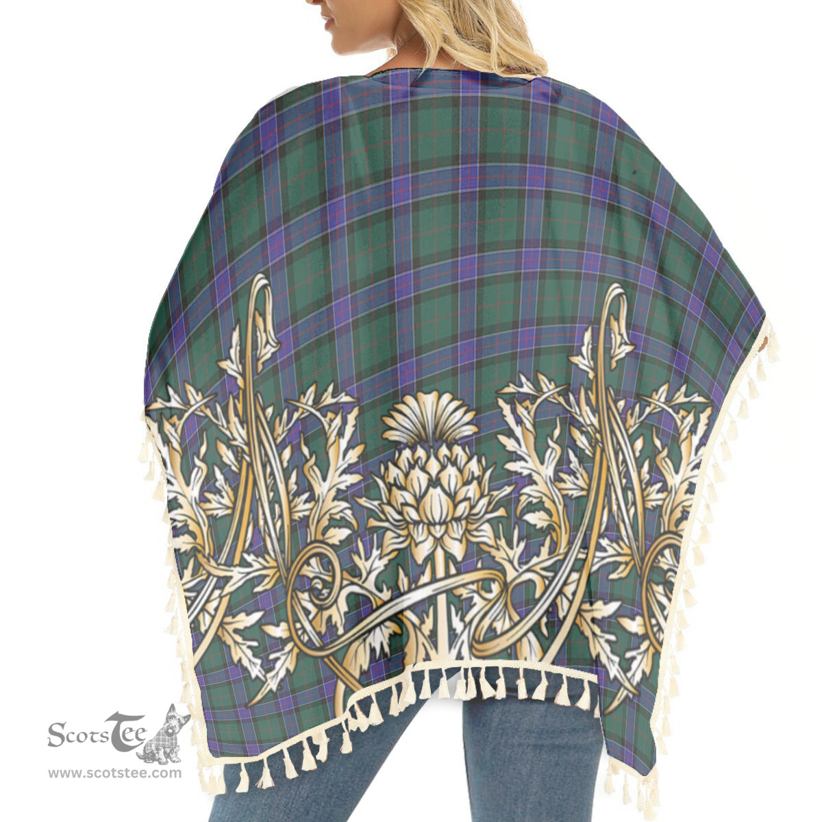ScotsTee Shop Scottish Sinclair Hunting Modern Tartan Scotland Royal Golden Thistle Square Fringed Shawl