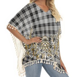 ScotsTee Shop Scottish MacLeod Black and White Tartan Scotland Royal Golden Thistle Square Fringed Shawl