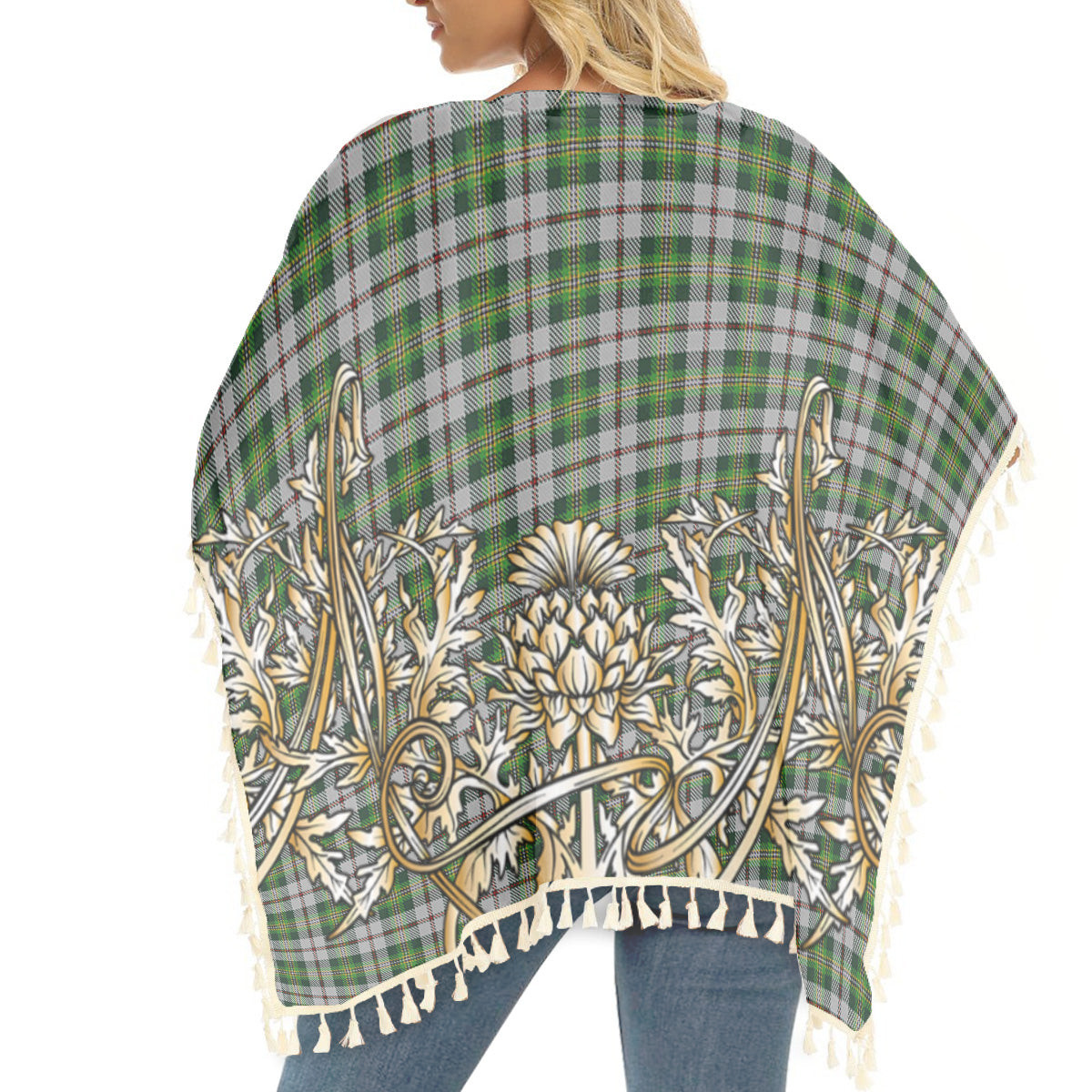 ScotsTee Shop Scottish Madewell Dress Tartan Scotland Royal Golden Thistle Square Fringed Shawl