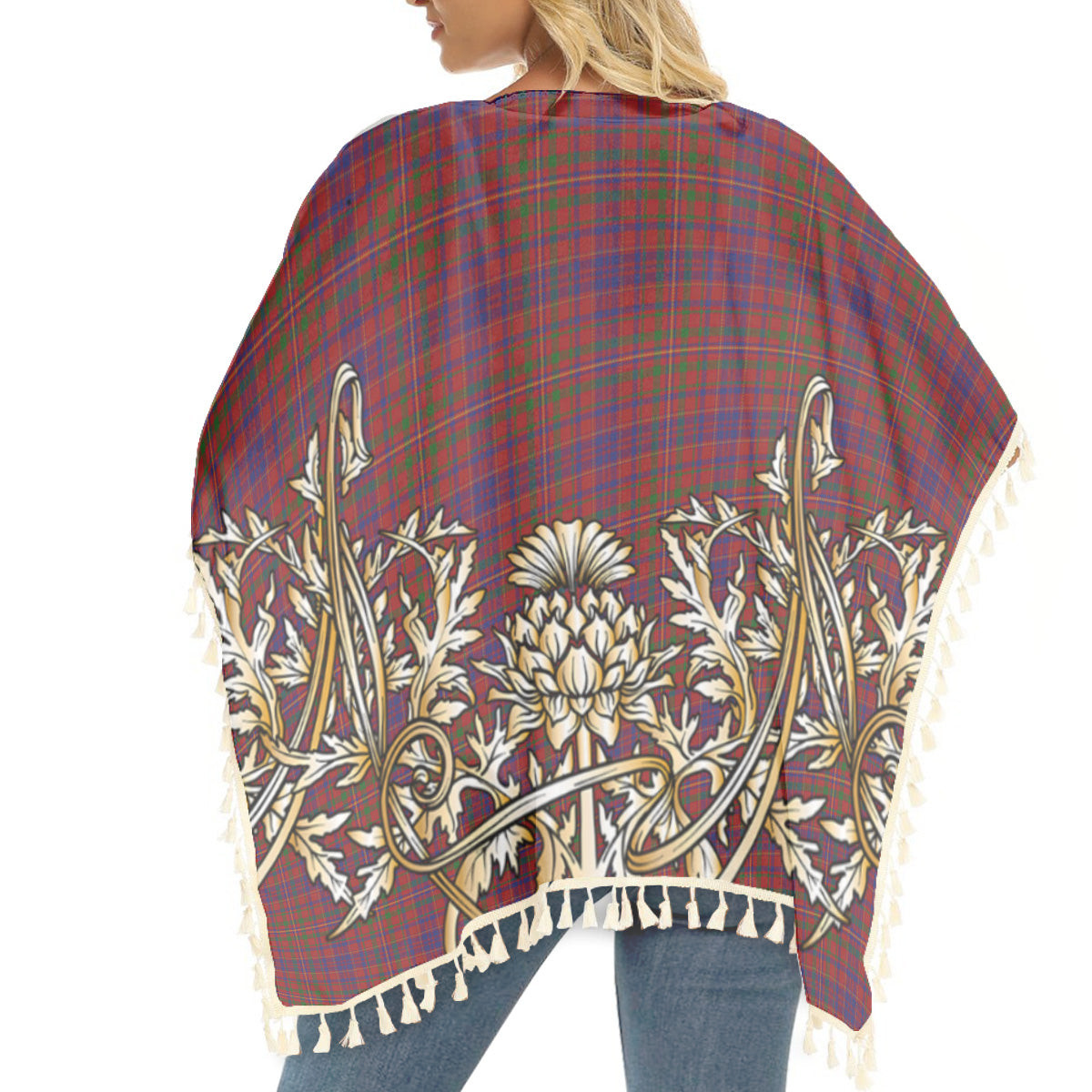 ScotsTee Shop Scottish MacLeod Red Tartan Scotland Royal Golden Thistle Square Fringed Shawl