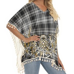 ScotsTee Shop Scottish Menzies Black and White Tartan Scotland Royal Golden Thistle Square Fringed Shawl