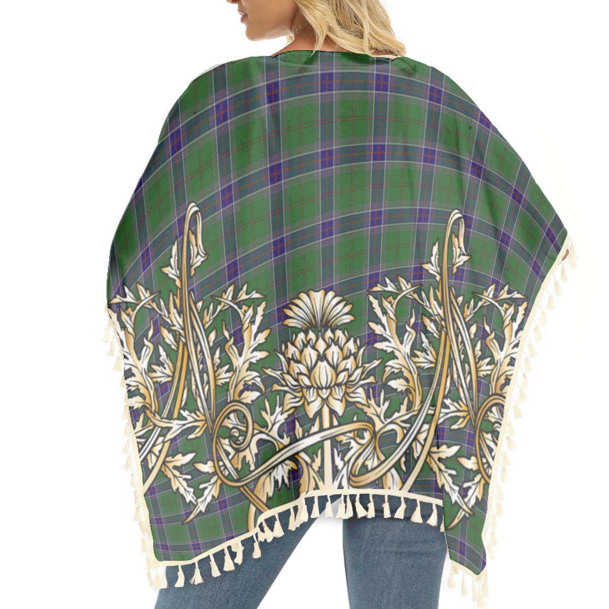 ScotsTee Shop Scottish Sinclair Green Tartan Scotland Royal Golden Thistle Square Fringed Shawl