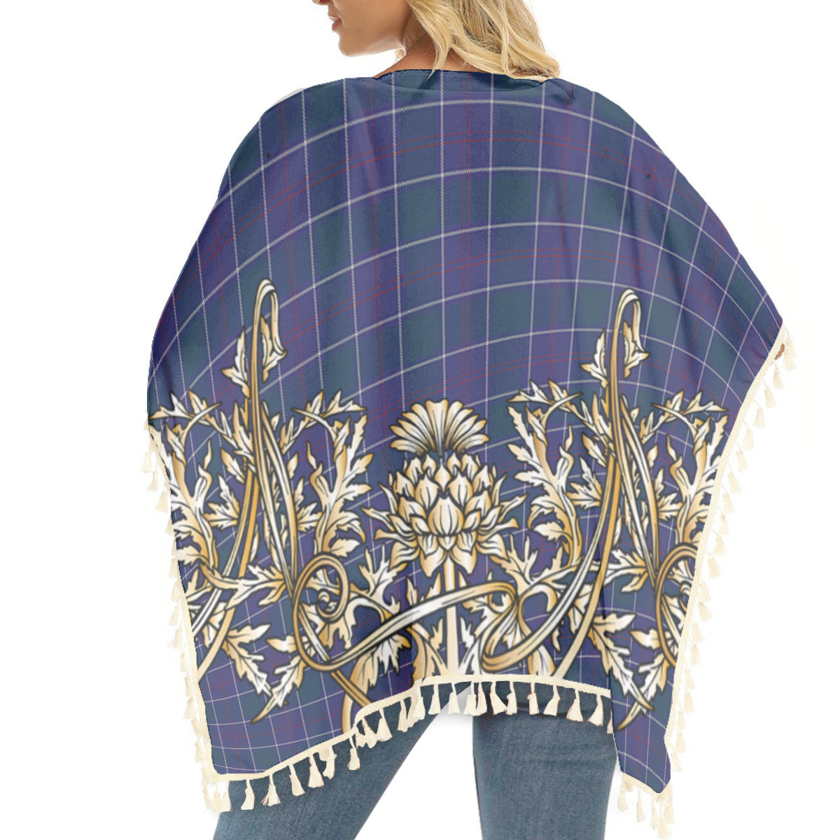 ScotsTee Shop Scottish Navy US Edzell Tartan Scotland Royal Golden Thistle Square Fringed Shawl