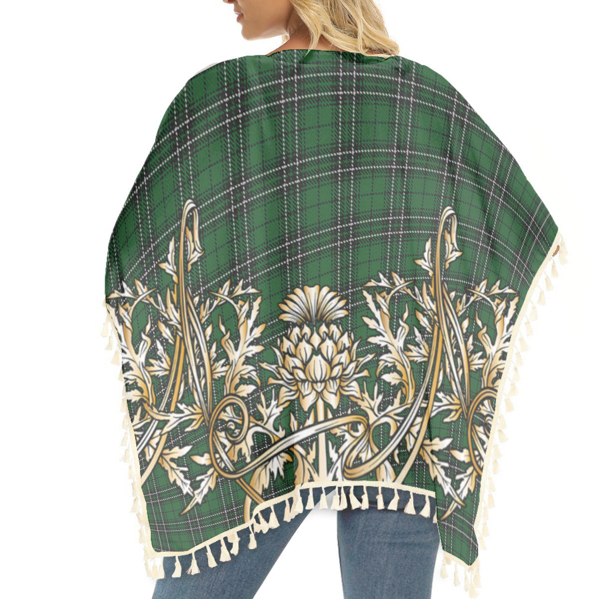 ScotsTee Shop Scottish MacLean of Duart Hunting Tartan Scotland Royal Golden Thistle Square Fringed Shawl