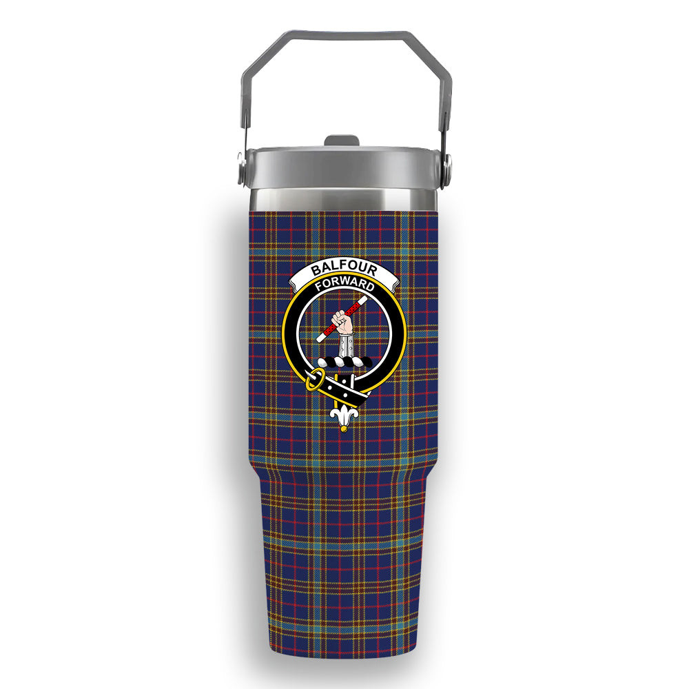 ScotsTee Shop Scottish Balfour Blue Modern Crest Tartan Flip Straw Tumbler 20oz 30oz