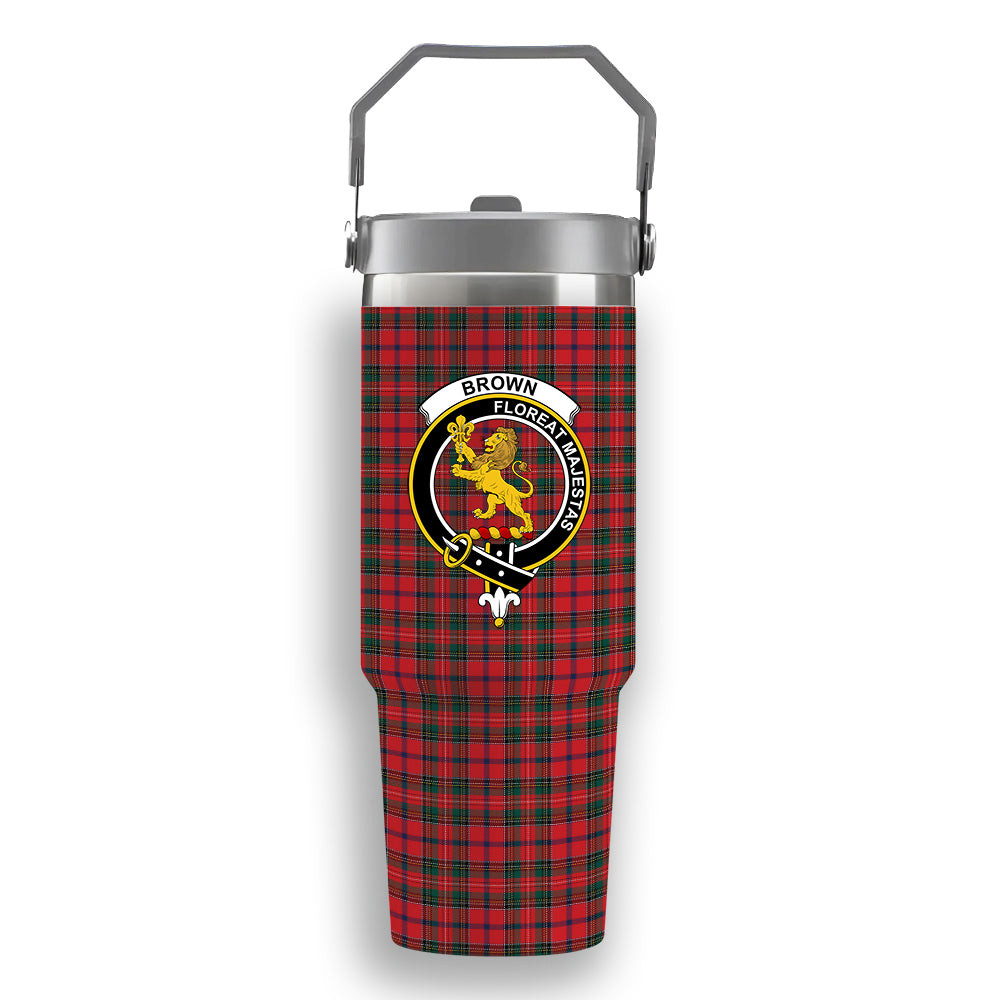 ScotsTee Shop Scottish Brown of Castledean (Broun of Castledean) Modern Crest Tartan Flip Straw Tumbler 20oz 30oz