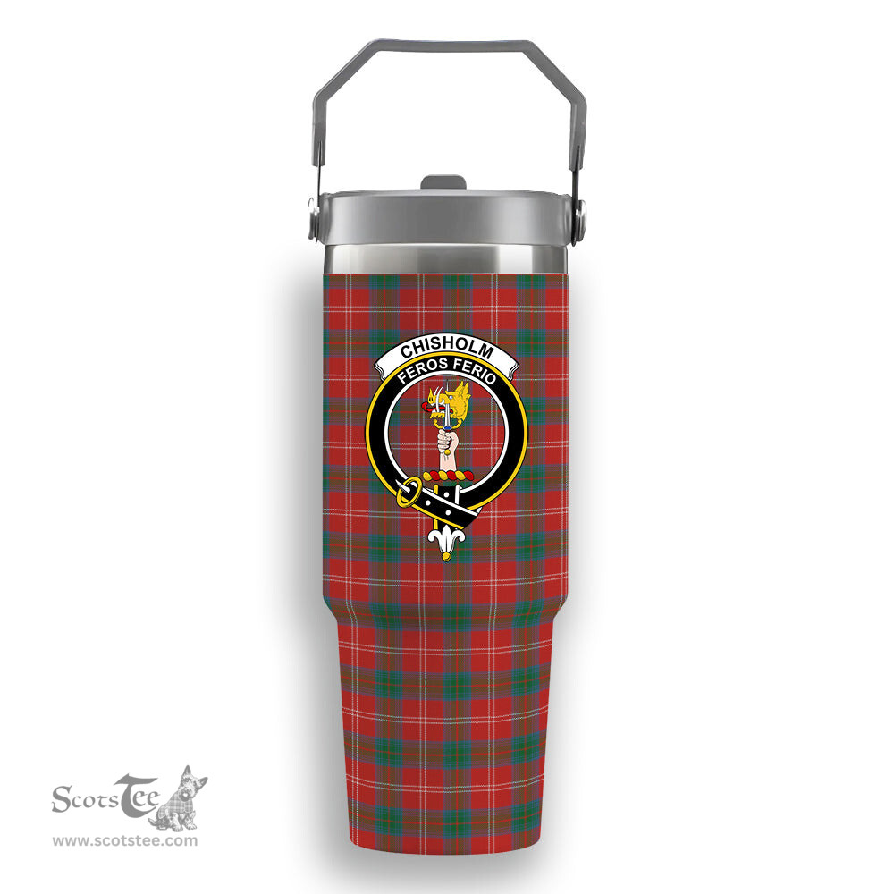 ScotsTee Shop Scottish Chisholm of Strathglass Ancient Crest Tartan Flip Straw Tumbler 20oz 30oz