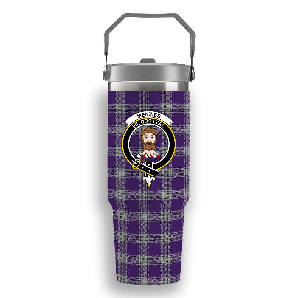 ScotsTee Shop Scottish Menzies Mauve and White Crest Tartan Flip Straw Tumbler 20oz 30oz