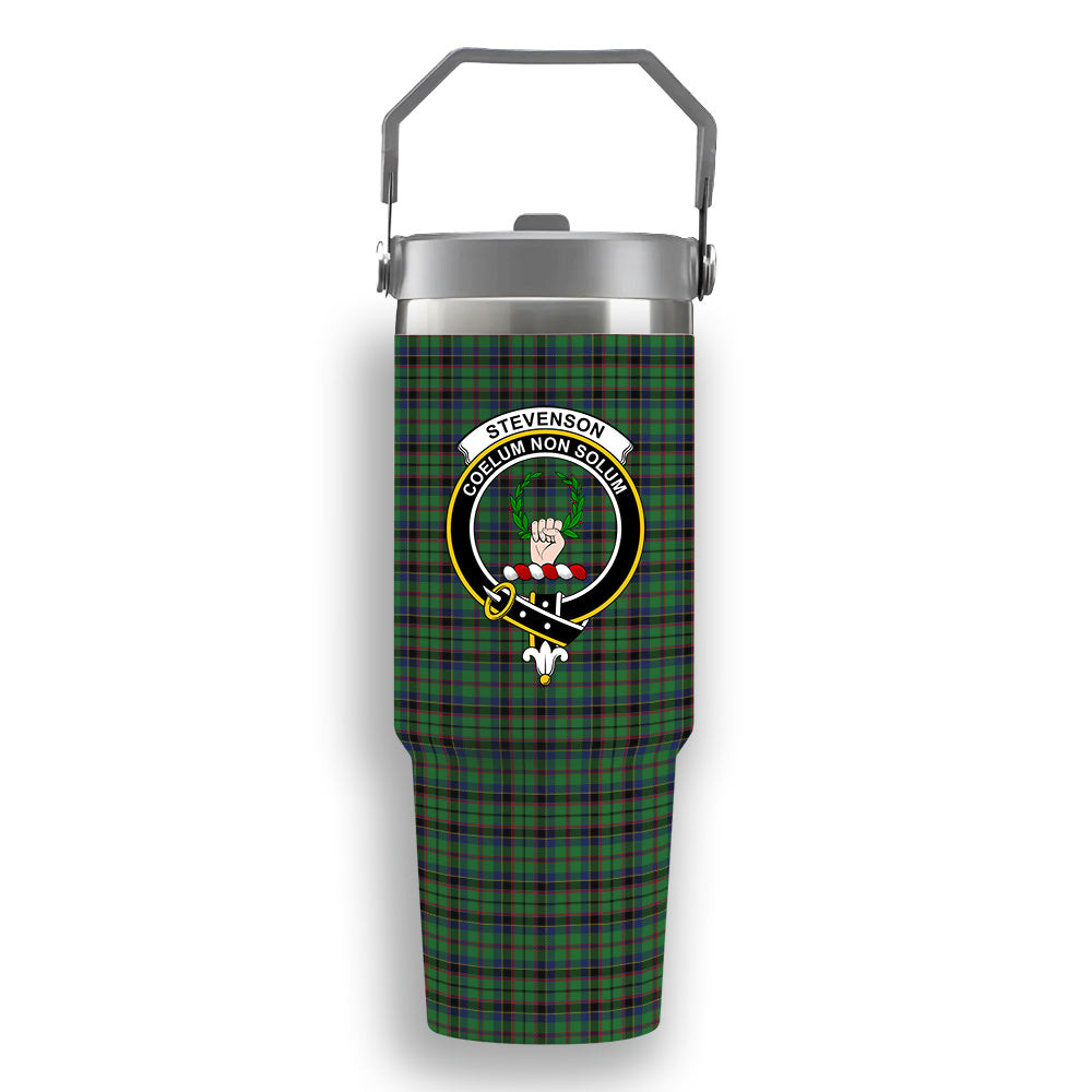 ScotsTee Shop Scottish Stevenson Green Crest Tartan Flip Straw Tumbler 20oz 30oz