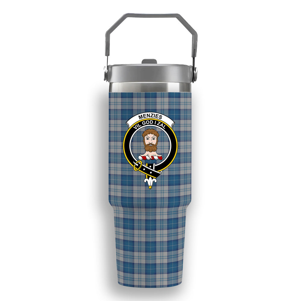 ScotsTee Shop Scottish Menzies Dress Blue and White Crest Tartan Flip Straw Tumbler 20oz 30oz