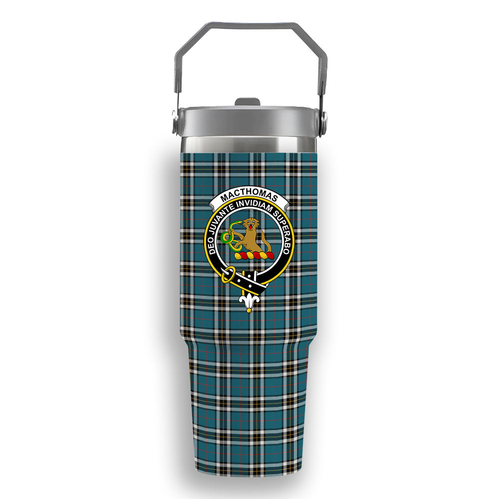 ScotsTee Shop Scottish MacThomas Blue Ancient Crest Tartan Flip Straw Tumbler 20oz 30oz