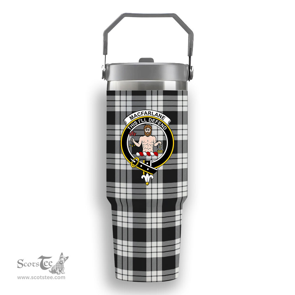 ScotsTee Shop Scottish MacFarlane Black White Crest Tartan Flip Straw Tumbler 20oz 30oz