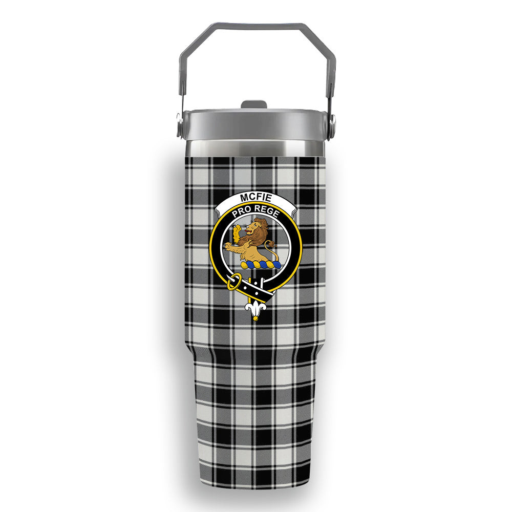 ScotsTee Shop Scottish McFie Black & White Modern Crest Tartan Flip Straw Tumbler 20oz 30oz